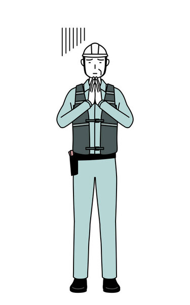 Senior male engineer in helmet and work wear apologizing with his hands in front of his body, Vector Illustration