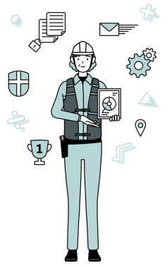 DX 'in görüntüsü, miğfer ve iş kıyafeti giymiş kıdemli kadın mühendis dijital teknolojiyi kullanarak işini geliştirdi, Vector Illustration
