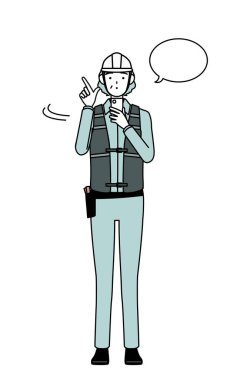 Başlık ve iş kıyafetleri içinde kıdemli bayan mühendis akıllı telefon kullanıyor, Vector Illustration.