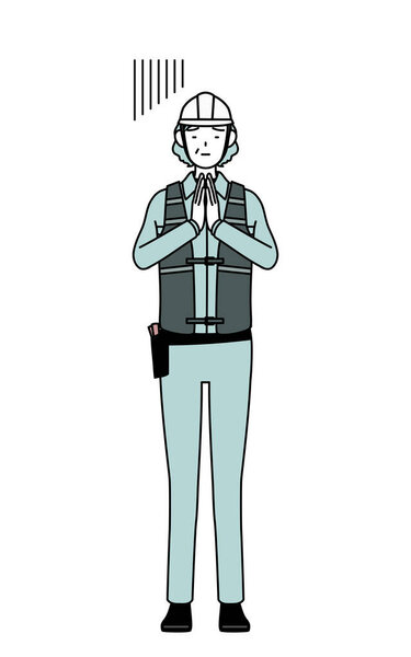 Senior female engineer in helmet and work wear apologizing with her hands in front of her body, Vector Illustration