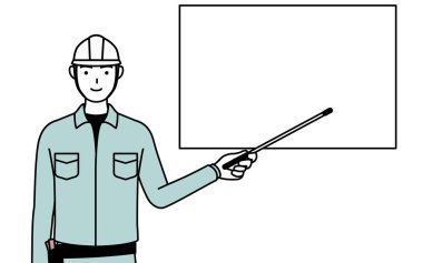 Miğferli ve iş kıyafetli bir adam gösterge çubuğuyla beyaz tahtayı işaret ediyor, Vector Illustration