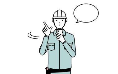 Miğferli ve iş kıyafetli bir adam akıllı telefon kullanıyor, Vector Illustration.