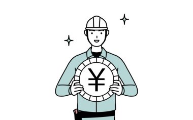 Miğferli ve iş elbiseli adam yabancı döviz kazancı ve yen takdir, Vektör İllüstrasyonu imajı