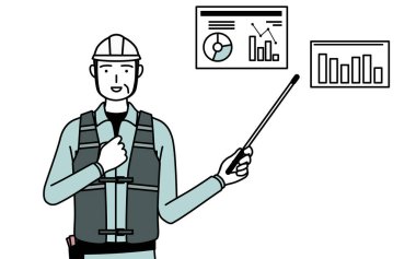 Başlık ve iş takan kıdemli erkek mühendis performans grafiği Vector Illustration 'ı analiz ediyor.