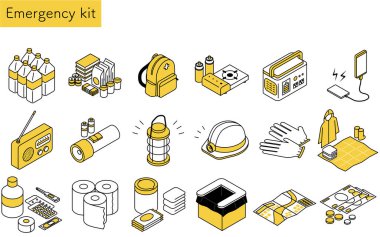 Acil durum çantasının basit çizimi, izometrik illüstrasyon seti, Vektör İllüstrasyonu