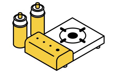 Acil durum çantasının basit çizimi, kaset sobası, izometrik illüstrasyon, Vektör İllüstrasyonu