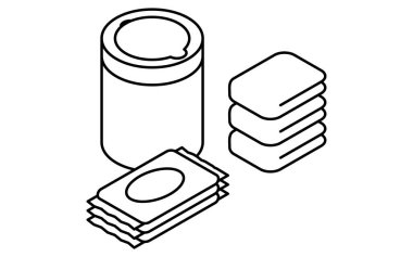 Acil durum çantasının basit çizimi, hijyenik peçete, izometrik illüstrasyon, Vektör İllüstrasyonu