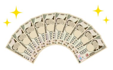 100,000 yen 'lik yeni bir fatura yelpaze şeklinde ve göz alıcı bir yıldız süslemesi ile yayılmış.