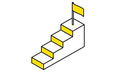 Basit çizim çizimi iş hedefi resmi, merdiven ve hedef bayrağı, izometrik, Vektör İllüstrasyonu