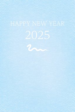 Yılan 2025 yılı için Japon yeni yıl kartı, beyaz yılan silueti ve 2025 yılı, Japon desenli mavi deniz dalgaları, Vektör İllüzyonu