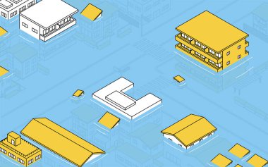 Tsunami ve nehir taşkınları nedeniyle sular altında kalmış bir şehrin Isometric illüstrasyonu, Vektör İllüstrasyonu