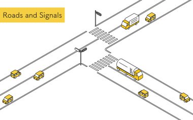 Trafik ışığı olan T kavşağındaki araba, basit çizgi çizimleri olan Isometric illüstrasyon, Vektör İllüzyonu