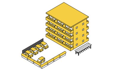 Apartments for rent with parking, Isometric illustration with simple line drawings, Vector Illustration clipart