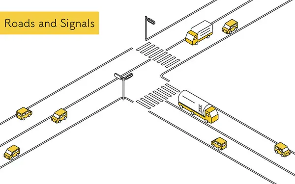 stock vector Car on T-junction with traffic light, Isometric illustration with simple line drawings, Vector Illustration