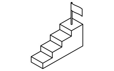 Basit çizim çizimi iş hedefi resmi, merdiven ve hedef bayrağı, izometrik, Vektör İllüstrasyonu