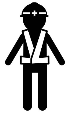 Kask ve güvenlik yelekleri takan işçiler, güvenlik işaretleri, tehlikeler ve uyarılar, Vektör İllüzyonu