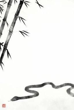 Yılan 2025 yılı için Japon Yeni Yıl kartı, bambu ve yılanlı mürekkep boyama stili. Yılan!