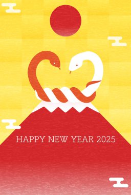 Yılan 2025 yılının yeni yıl kartı, kırmızı ve beyaz yılanlar ve kırmızı Fuji, Vektör İllüzyonu