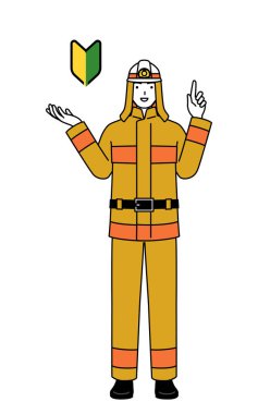 İtfaiye üniformalı itfaiyeci genç yaprakların sembolünü gösteriyor, Vector Illustration.