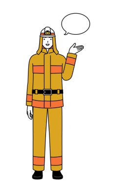 İtfaiye üniformalı itfaiyeci yön tarifi yapıyor, silinmiş, vektör illüstrasyonu