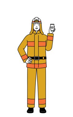 İtfaiye üniformalı itfaiyeci iş yerinde akıllı telefon kullanıyor, Vector Illustration