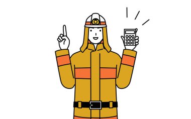 Firefighter in fire uniform holding a calculator and pointing, Vector Illustration clipart