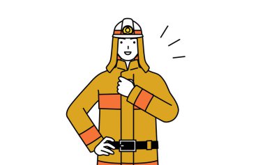 İtfaiye üniformalı itfaiyeci göğsüne dokunuyor, Vector Illustration.