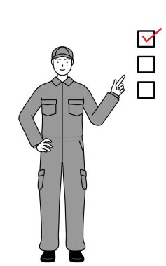 Vector Illustration adlı kontrol listesine işaret eden tulumlu bir tamirci