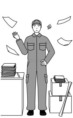 Düzensiz işinden bıkmış, tulumlu bir tamirci, Vector Illustration