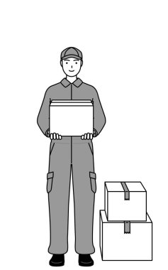 Karton kutular taşımaya çalışan tulumlu bir tamirci, Vektör Resimleri