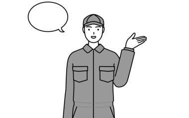 Tulumlu bir tamirci yön tarifi yapıyor, silinmiş, vektör illüstrasyonu