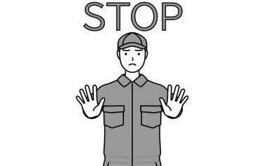 A mechanic in coveralls with his hands out in front of his body, signaling a stop, Vector Illustration clipart