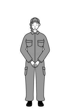 A mechanic woman in coveralls with hands on top of each other in front of their bodies, Vector Illustration clipart