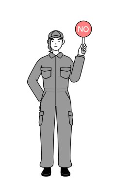 A mechanic woman in coveralls holding a placard with an X indicating incorrect answer, Vector Illustration clipart