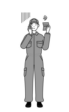 A mechanic woman in coveralls looking at her bankbook and feeling depressed, Vector Illustration clipart