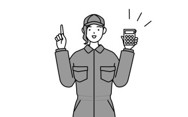 A mechanic woman in coveralls holding a calculator and pointing, Vector Illustration clipart