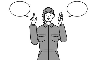 Tulumlu bir tamirci telefonda Vector Illustration 'ı işaret ediyor.