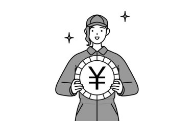 Tulumlu bir tamirci kadın dış ticaret kazanımları ve yeni takdir, Vektör İllüstrasyonu imajı çiziyor.