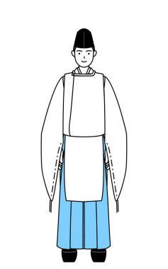 Priest of the shrine, wearing a Eboshi and Kariginu, with a smile facing forward, Vector Illustration clipart