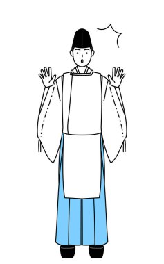 Priest of the shrine, wearing a Eboshi and Kariginu, raising his hand in surprise, Vector Illustration clipart