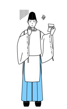 Priest of the shrine, wearing a Eboshi and Kariginu, looking at his bankbook and feeling depressed, Vector Illustration clipart