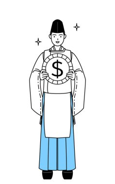 Priest of the shrine, wearing a Eboshi and Kariginu, with images of foreign exchange gains and dollar appreciation, Vector Illustration clipart