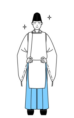 Tapınağın rahibi, Eboshi ve Kariginu giyiyor, elleri kalçasında, Vector Illustration