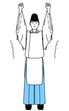 Tapınağın rahibi, Eboshi ve Kariginu giyiyor, uzanıyor ve ayakta duruyor, Vektör İllüzyonu