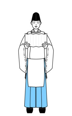 Priest of the shrine, wearing a Eboshi and Kariginu, performing a prayer of congratulation, Vector Illustration clipart