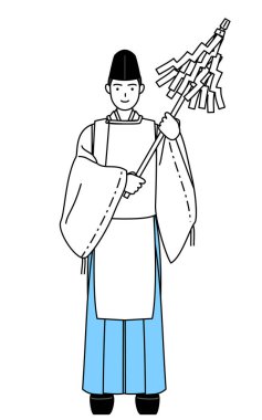 Tapınağın rahibi, Eboshi ve Kariginu giyiyor, dua ediyor, Vektör İllüzyonu