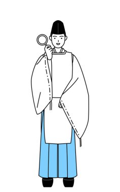 Priest of the shrine, wearing a Eboshi and Kariginu, holding a magnifying glass and placing his hand on his hip, Vector Illustration clipart