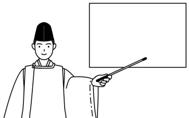 Priest of the shrine, wearing a Eboshi and Kariginu, pointing at a whiteboard with an indicator stick, Vector Illustration clipart