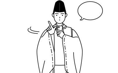 Priest of the shrine, wearing a Eboshi and Kariginu, operating a smartphone, Vector Illustration clipart