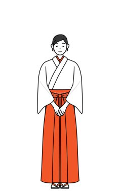 Tapınağın Bakiresi, beyaz kosode ve kırmızı hakama giyiyor, elleri vücutlarının önünde üst üste, Vector Illustration